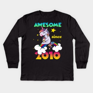 Cute Awesome Unicorn Since 2010 Rainbow Gift Kids Long Sleeve T-Shirt